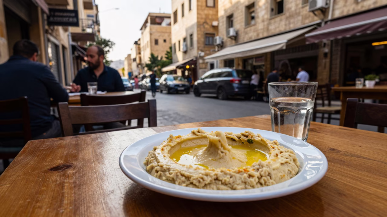 Beirut Lebanon Late Afternoon Street Scene Mezze Platter and Glass Tumblers in in Beirut, Lebanon