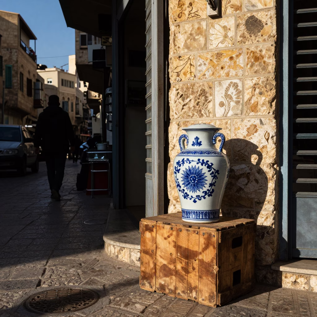 Beirut Lebanon Late Afternoon Street Scene with Blue Porcelain Jar in in Beirut, Lebanon