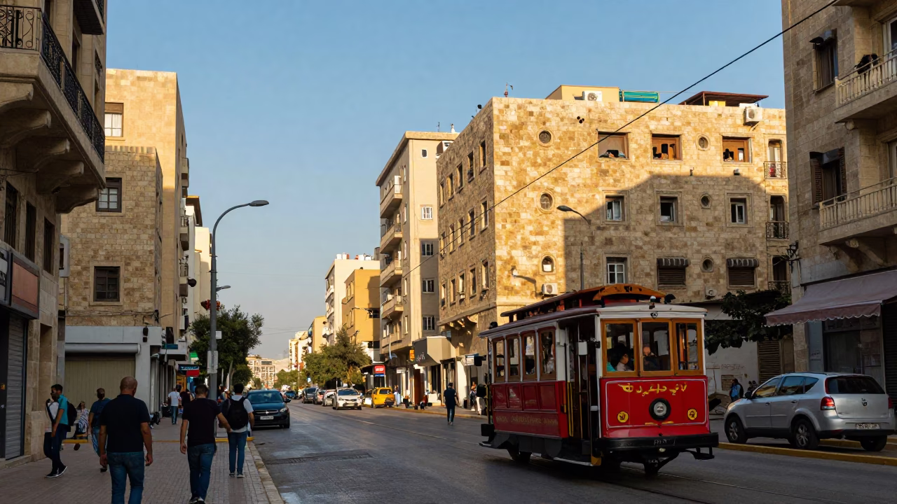 Beirut Lebanon Late Afternoon Street Scene with Cable Car and Urban Life in in Beirut, Lebanon
