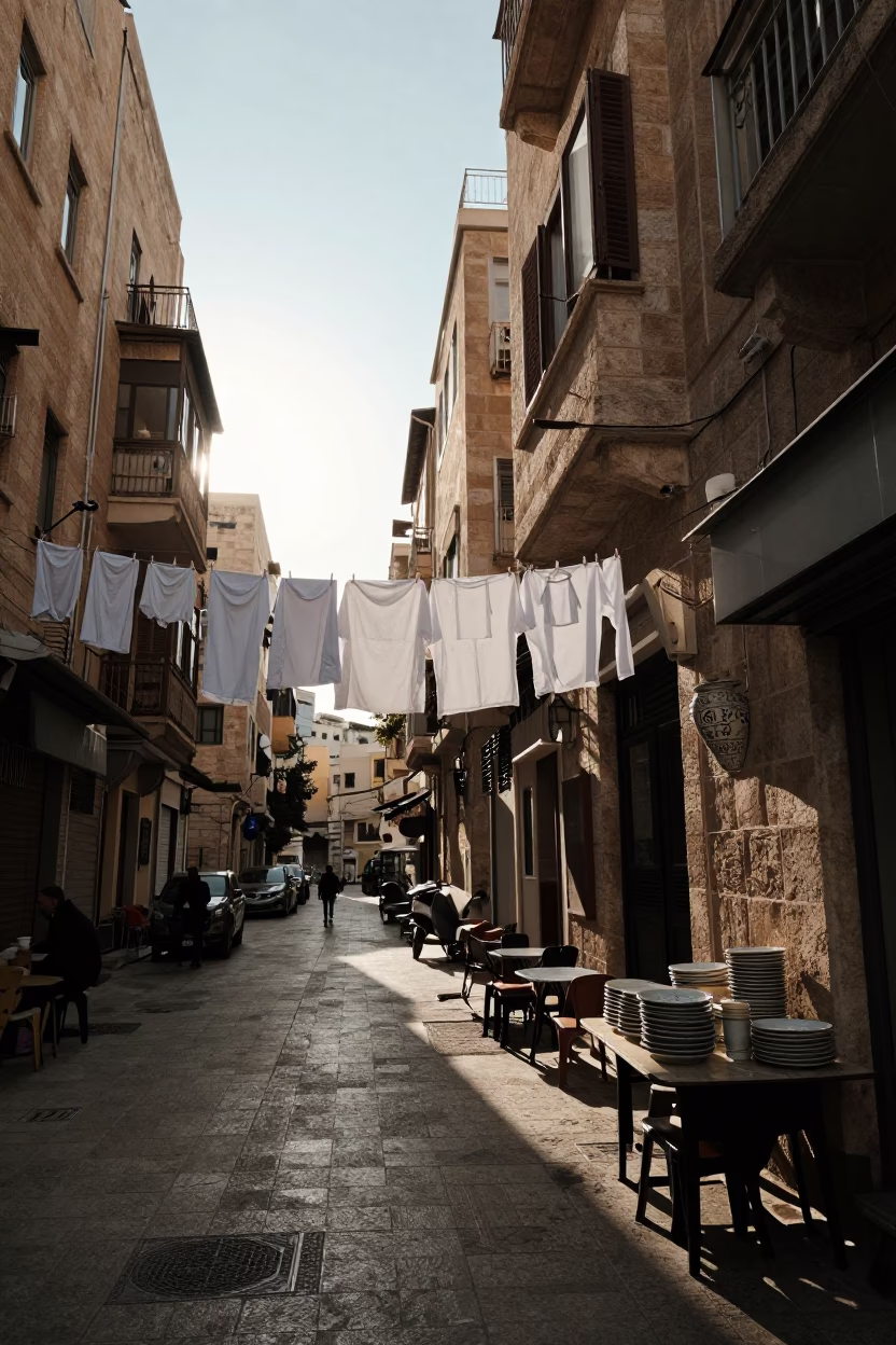 Beirut Lebanon Late Afternoon Street Scene with Clothesline and Ceramic Plates in in Beirut, Lebanon