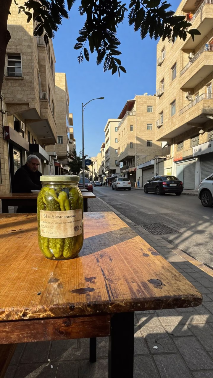 Beirut Lebanon Late Afternoon Street Scene with Leaf Shadows and Pickle Jar in in Beirut, Lebanon