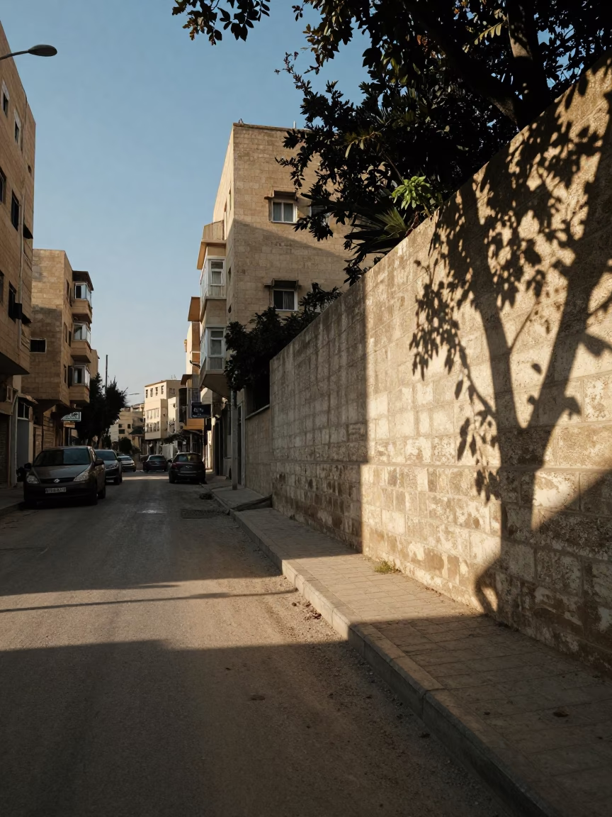 Beirut Lebanon late afternoon street scene with leaf shadows on wall and Basset Hound in in Beirut, Lebanon