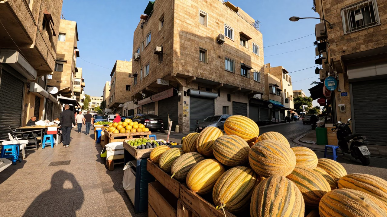 Beirut Lebanon Late Afternoon Street Scene with Melons and Local Commerce in in Beirut, Lebanon