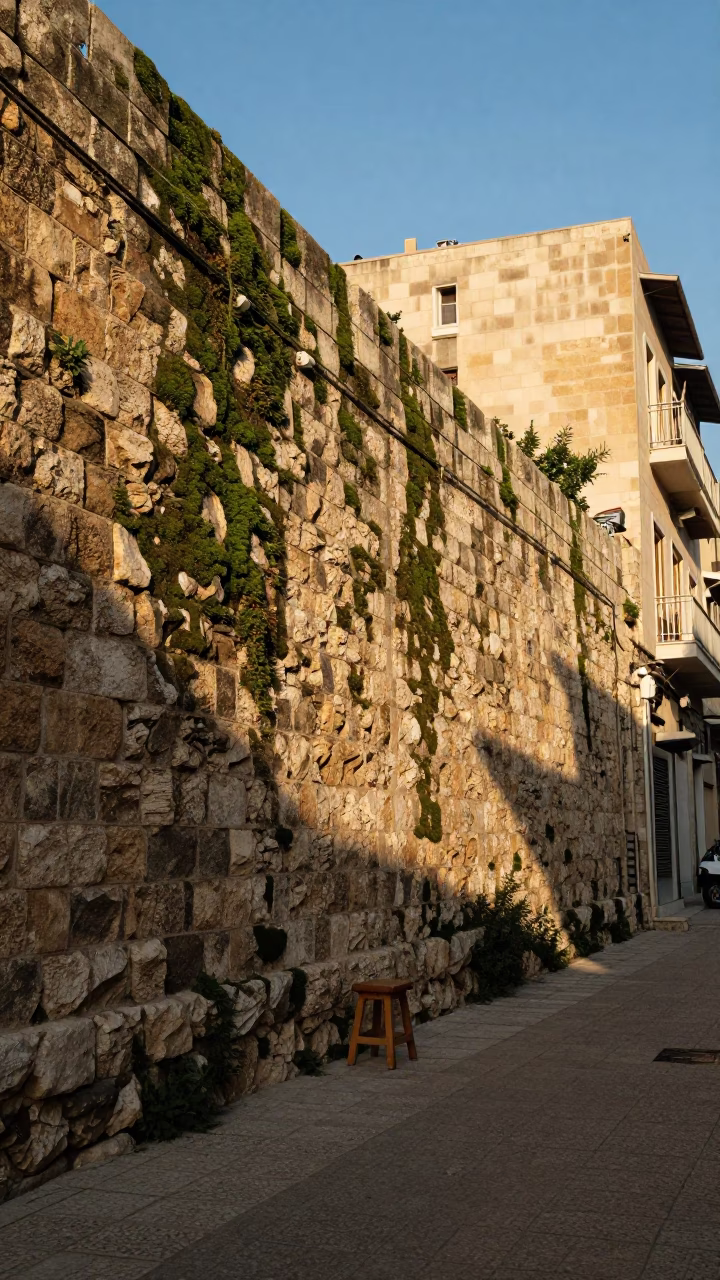Beirut Lebanon Late Afternoon Street Scene with Mossy Stone Wall and Wooden Stool in in Beirut, Lebanon