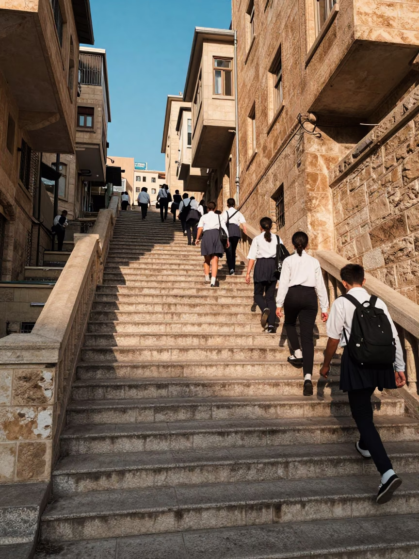 Beirut Lebanon Late Afternoon Street Scene with School Staircase and Local Life in in Beirut, Lebanon