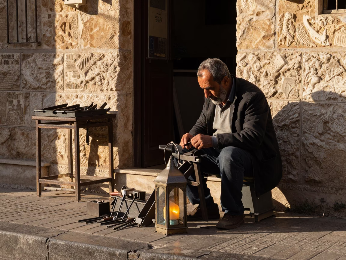Beirut Lebanon Late Afternoon Street Scene with Tinsmith Tools and Sewing Scissors in in Beirut, Lebanon