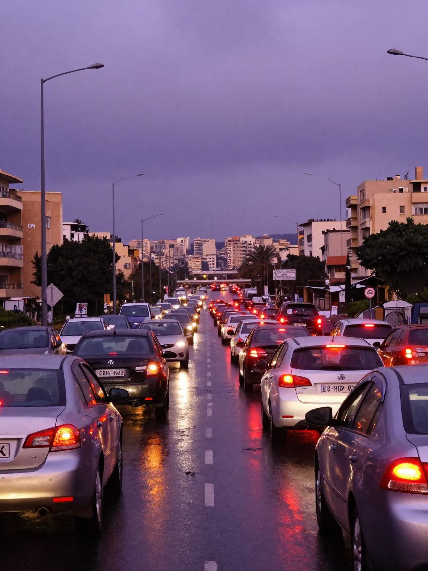 Beirut Lebanon Late Afternoon Traffic Jam on Overpass Interchange with Glowing Taillights After Rain in in Beirut, Lebanon