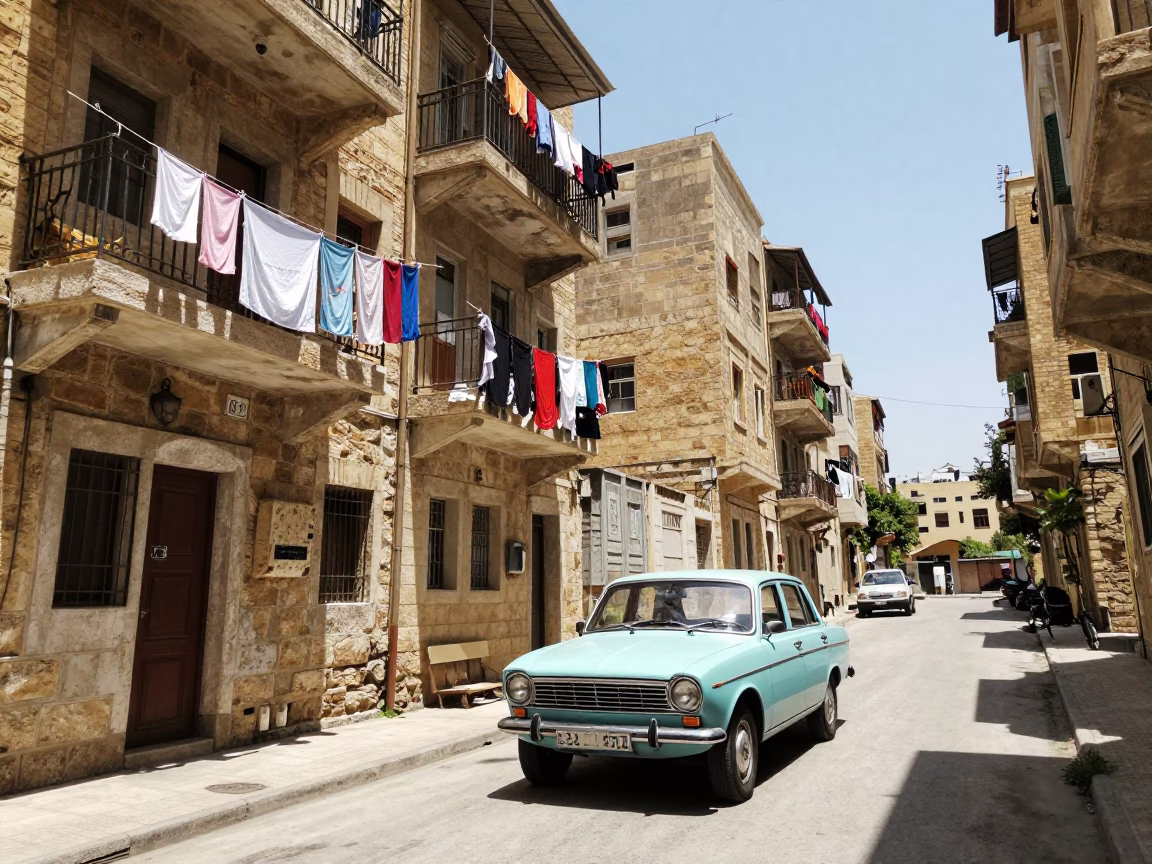 Beirut Lebanon Midday Street Scene with Laundry Lines and Vintage 1960s Architecture in in Beirut, Lebanon