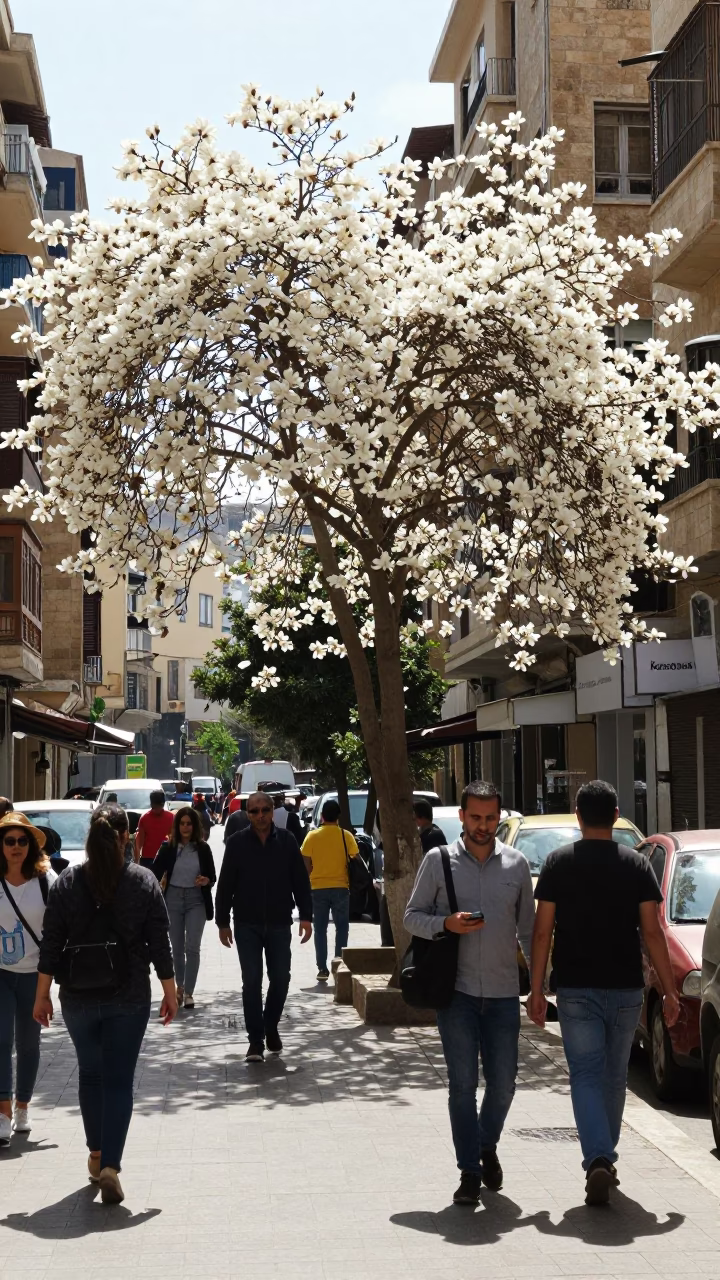 Beirut Lebanon Midday Street Scene with Magnolia Tree and Urban Life in in Beirut, Lebanon