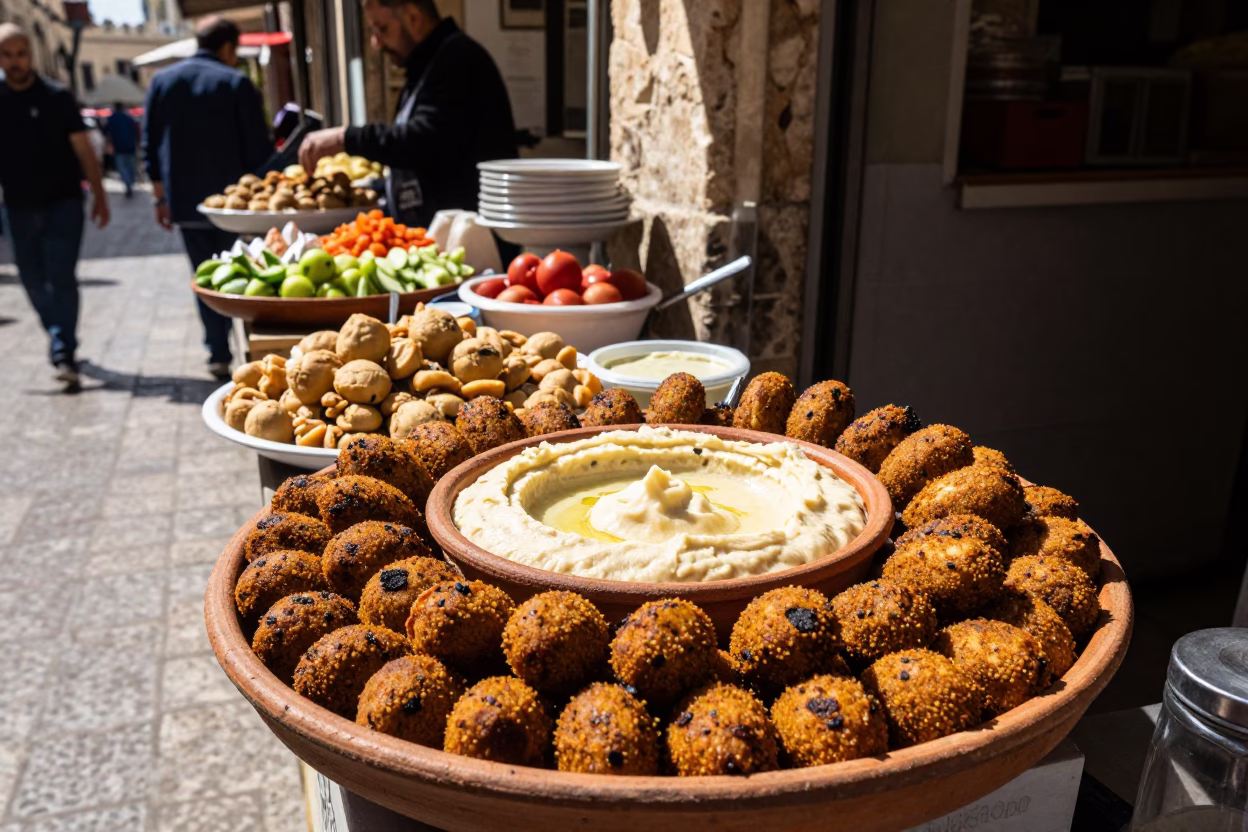 Beirut Lebanon Midday Street Scene with Mezze Platter of Hummus Falafel and Tabbouleh in in Beirut, Lebanon