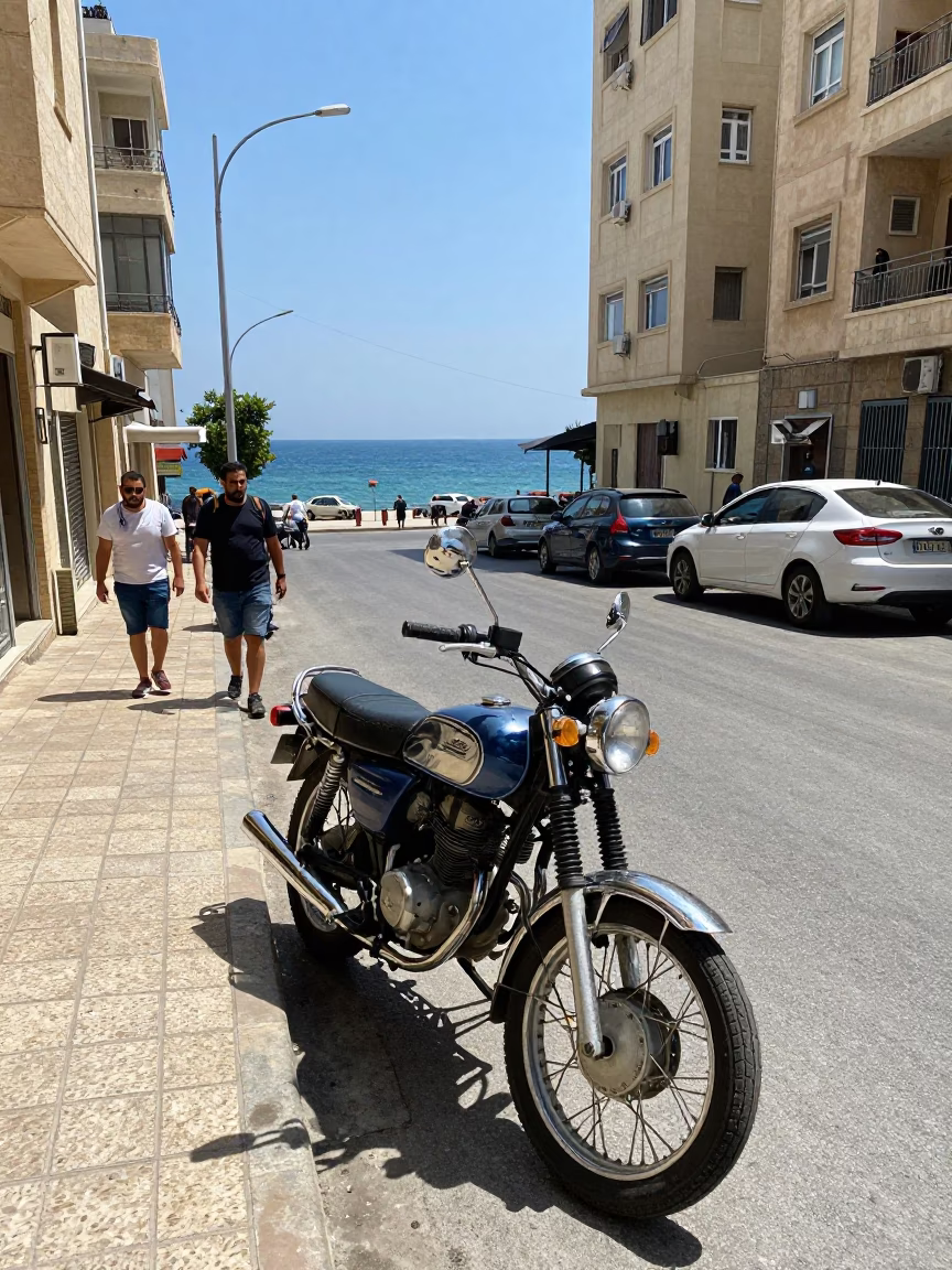 Beirut Lebanon Midday Street Scene with Vintage Motorcycle and Coastal Highway in in Beirut, Lebanon