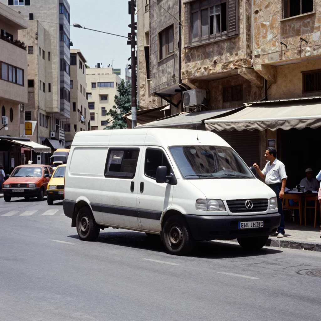 Beirut Lebanon Midday Street Scene with White Van and Local Pedestrians in in Beirut, Lebanon