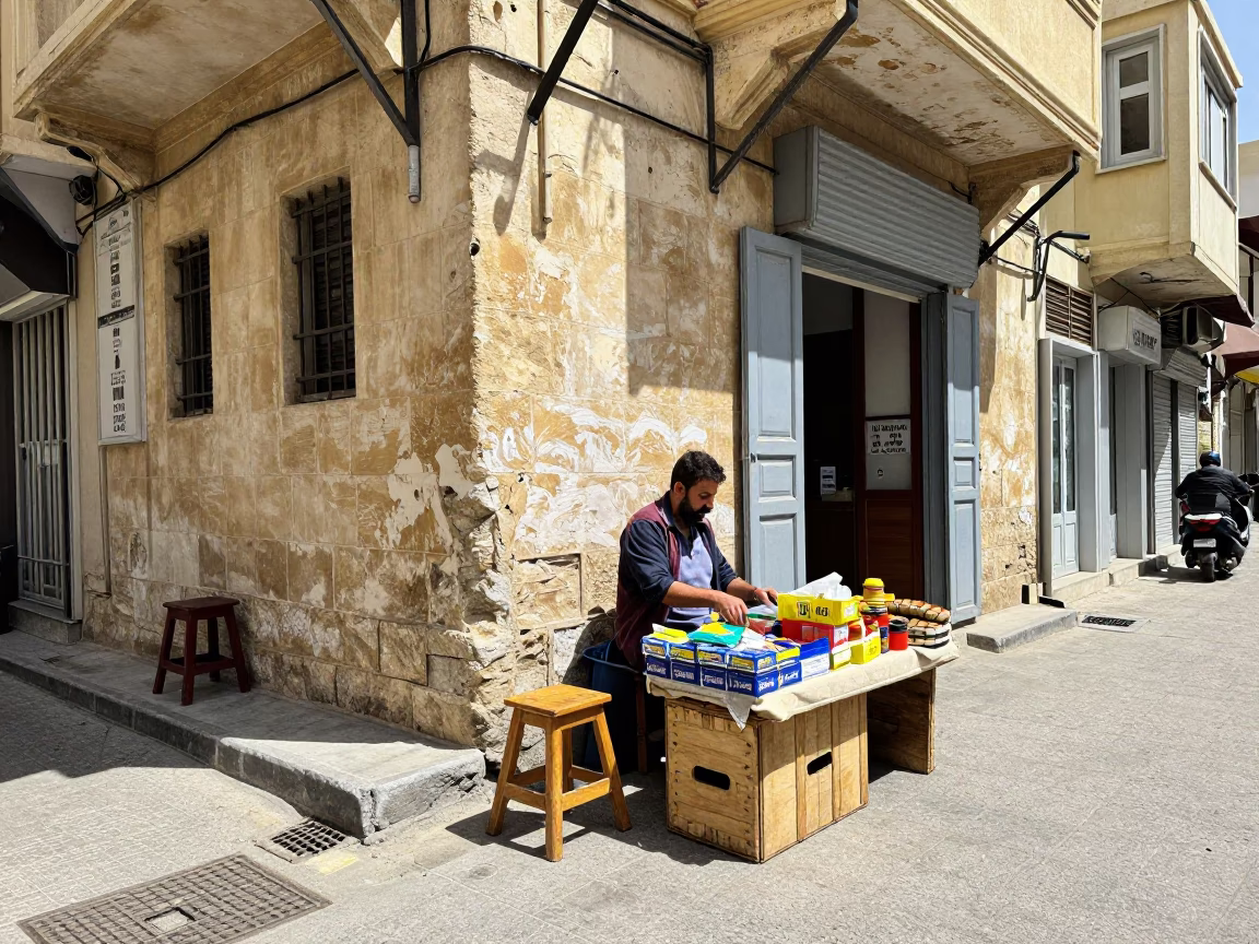 Beirut Lebanon Midday Street Scene with Wooden Step Stool and Local Market Activity in in Beirut, Lebanon