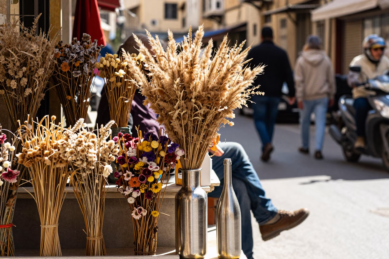 Beirut Lebanon Midmorning Street Scene with Dried Flowers and Brushed Steel Bottle Neck in in Beirut, Lebanon