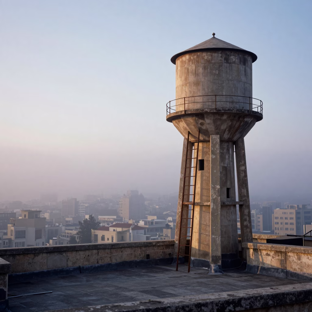 Beirut Lebanon Morning Mist Before Sunrise Water Tower Ladder and Coastal Concrete in in Beirut, Lebanon