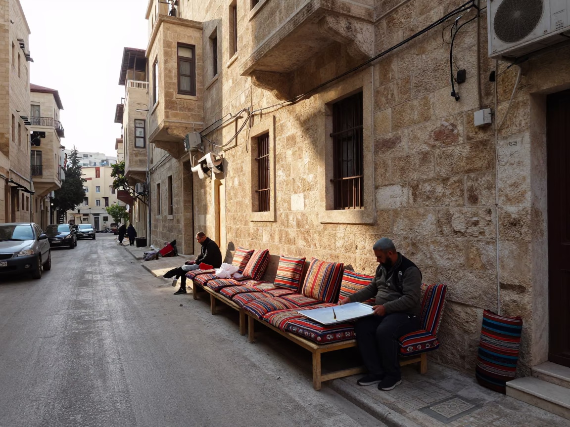 Beirut Lebanon Morning Street Scene with Cushions and Baking Sheet in Urban Neighborhood in in Beirut, Lebanon