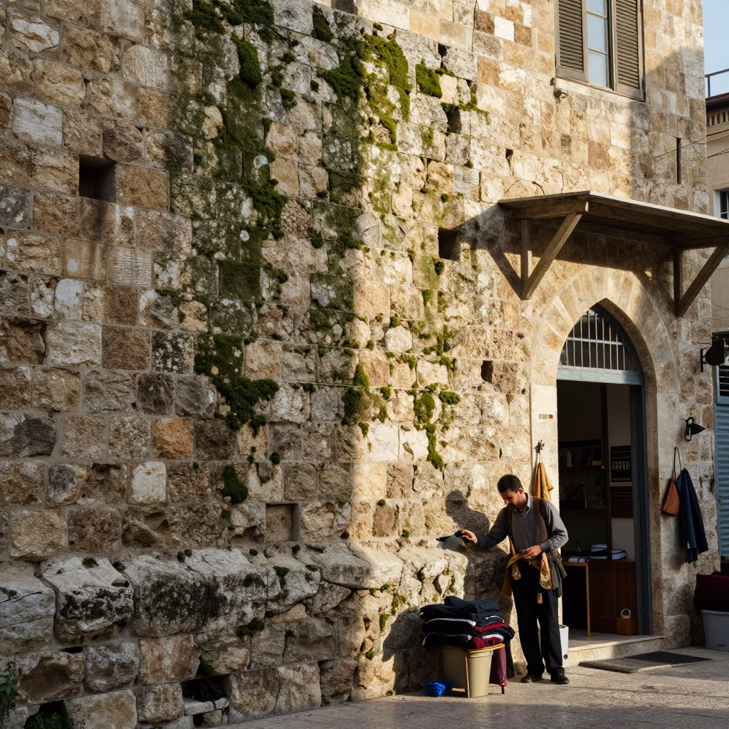 Beirut Lebanon Morning Street Scene with Mossy Stone Wall and Tailor Shears in in Beirut, Lebanon