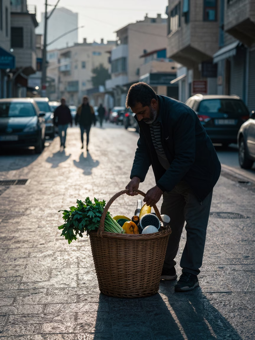 Beirut Lebanon Morning Street Scene with Wicker Basket and Fresh Apricots in in Beirut, Lebanon