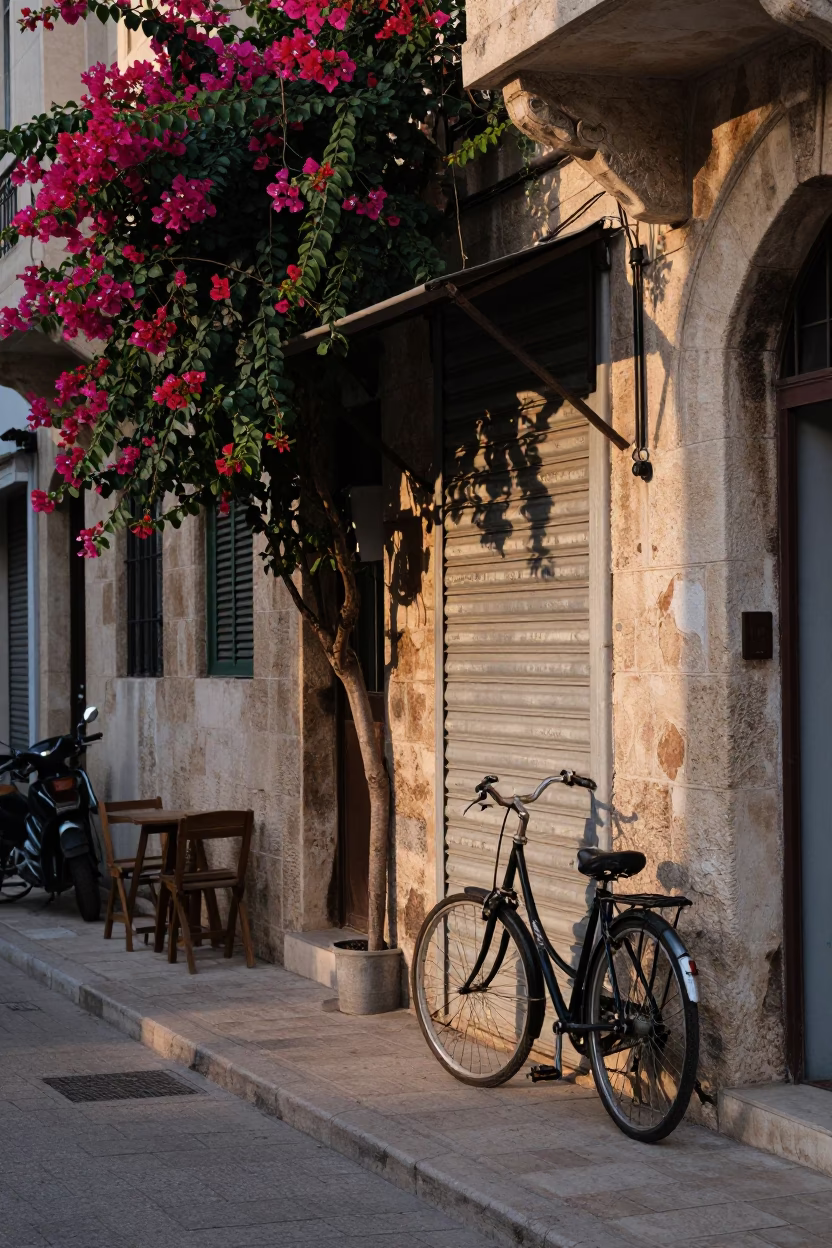 Beirut Lebanon Nautical Dawn Street Scene with Bicycle and Bougainvillea in in Beirut, Lebanon