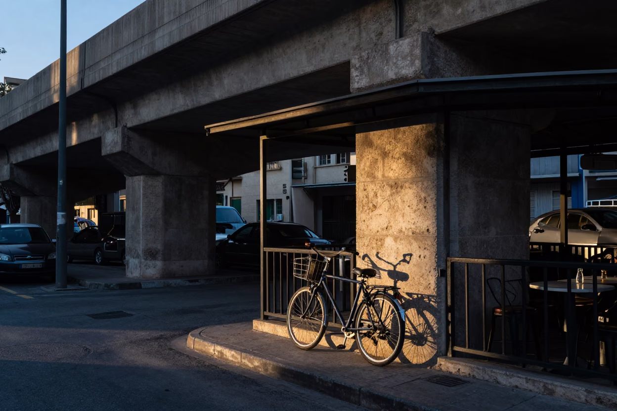 Beirut Lebanon Nautical Dawn Street Scene with Bicycle and Concrete Infrastructure in in Beirut, Lebanon