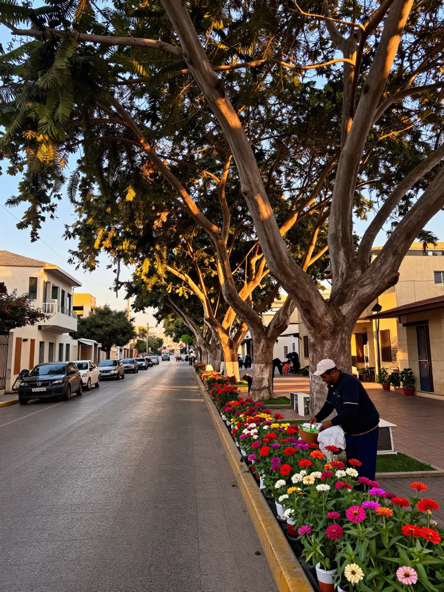 Beirut Lebanon Nautical Dawn Street Scene with Copper Beech and Zinnias in in Beirut, Lebanon