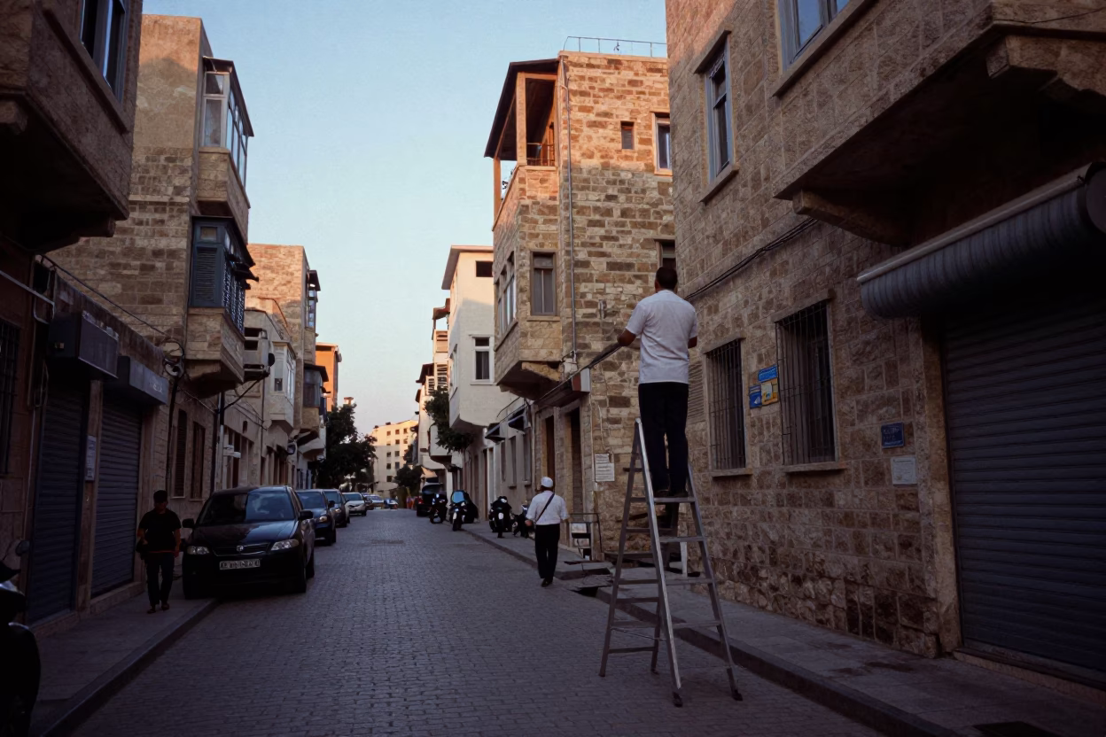 Beirut Lebanon Nautical Dawn Street Scene with Step Ladder and Local Life in in Beirut, Lebanon
