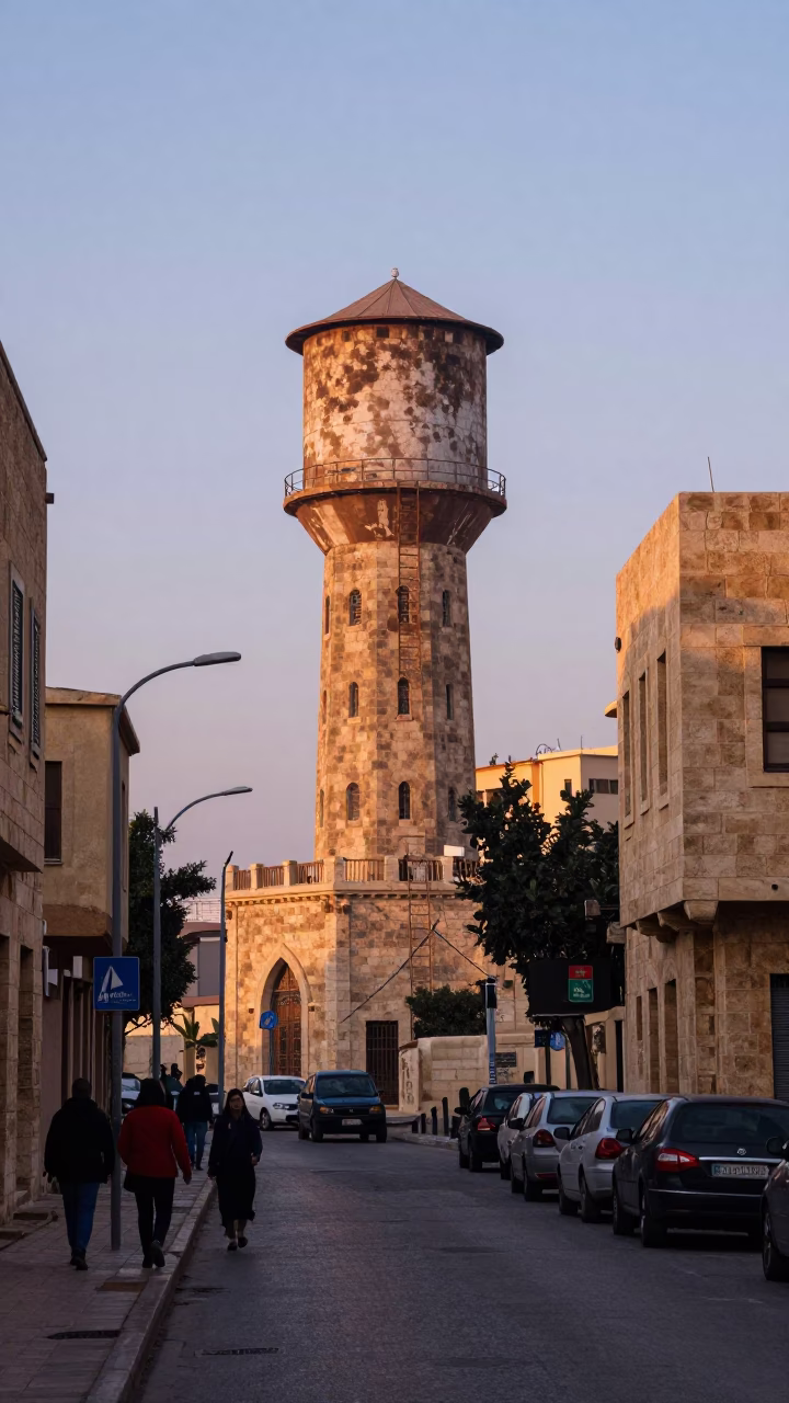 Beirut Lebanon Nautical Dawn Street Scene with Water Tower and Urban Mist in in Beirut, Lebanon
