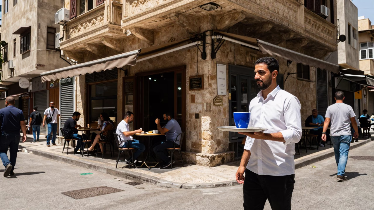 Beirut Lebanon Noon Street Scene with Coffee Shop and Urban Life in in Beirut, Lebanon