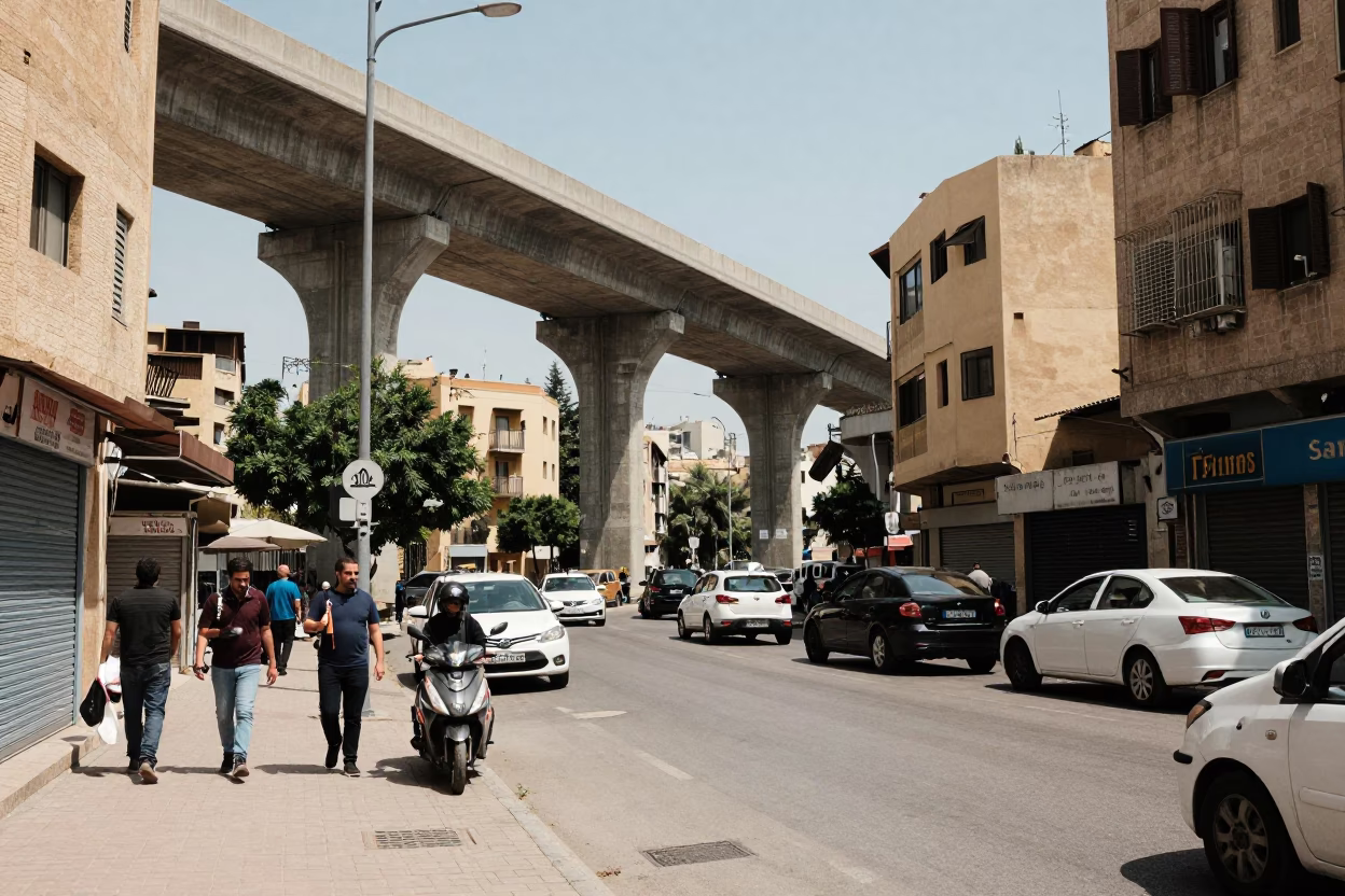 Beirut Lebanon Noon Street Scene with Concrete Viaduct and Local Commerce in in Beirut, Lebanon