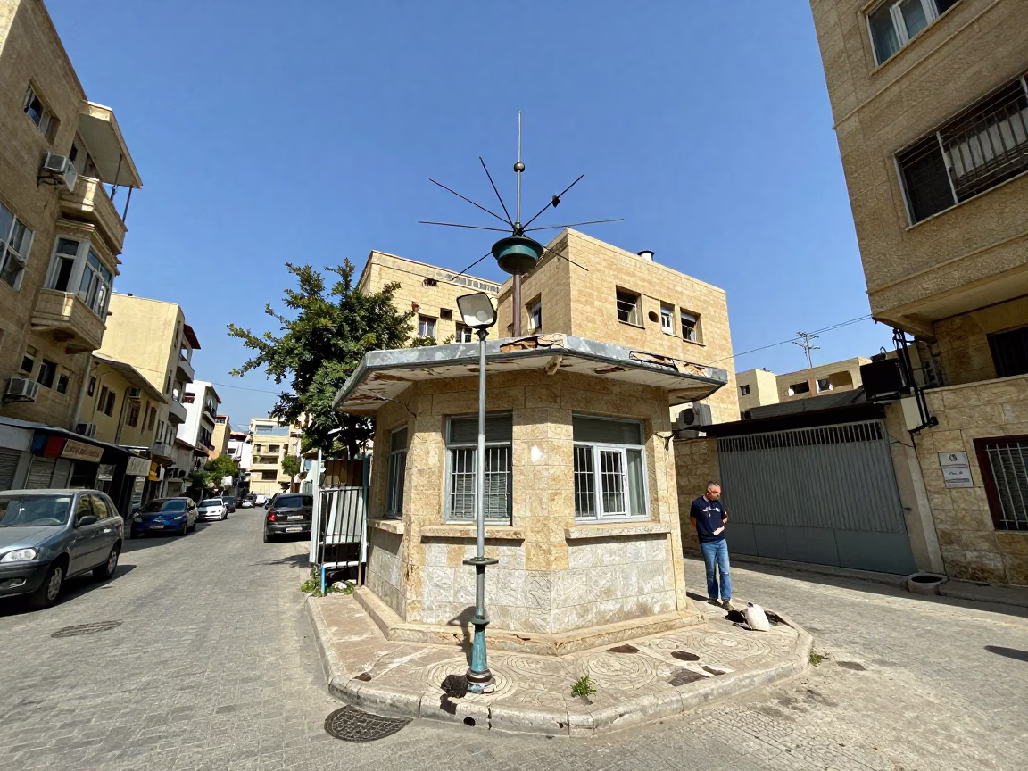 Beirut Lebanon Noon Street Scene with Crumbling Weather Station and Urban Decay in in Beirut, Lebanon