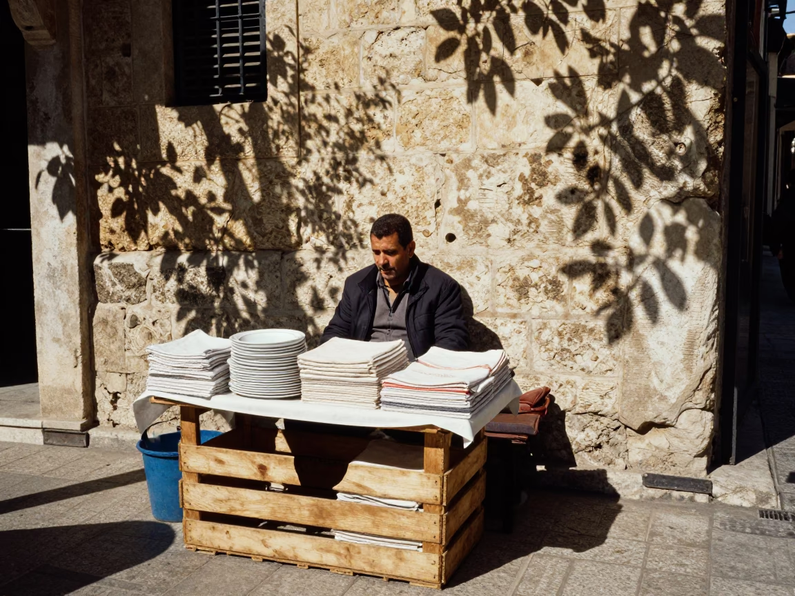 Beirut Lebanon Noon Street Scene with Leaf Shadows and Dish Towels in in Beirut, Lebanon