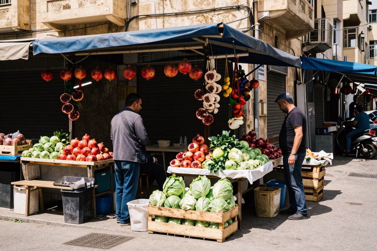 Beirut Lebanon Noon Street Scene with Pomegranate and Market Stall in in Beirut, Lebanon