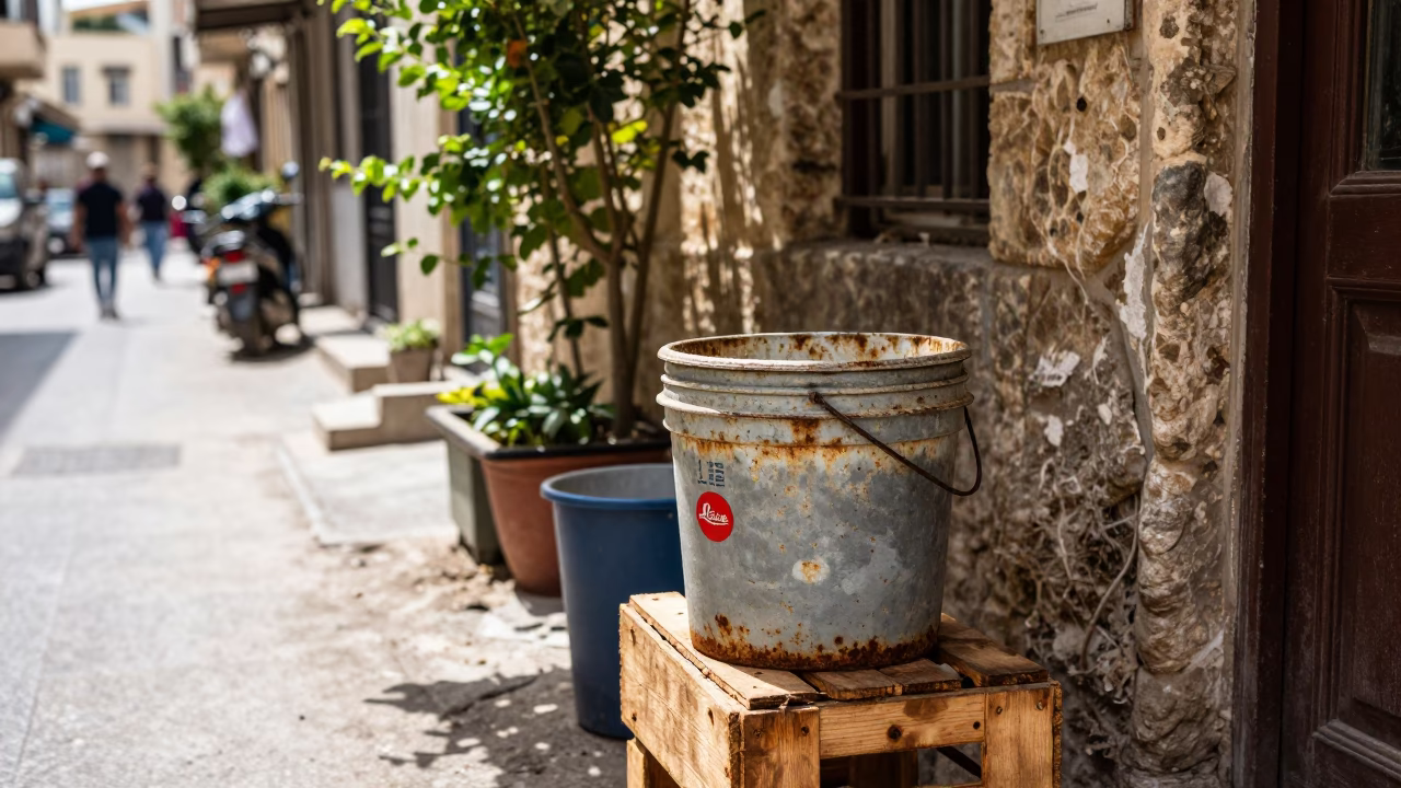 Beirut Lebanon Noon Street Scene with Rusty Bucket and Garden Shears in in Beirut, Lebanon