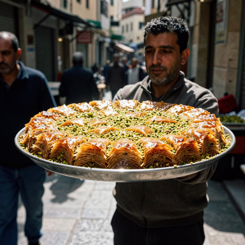 Beirut Lebanon Noon Street Scene with Tray of Knafeh Pistachios and Syrup in in Beirut, Lebanon