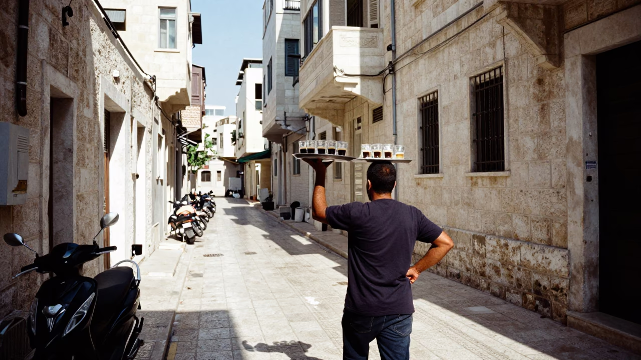Beirut Lebanon Noon Sunlight Street Scene with Soap Residue on Coffee Cup in in Beirut, Lebanon