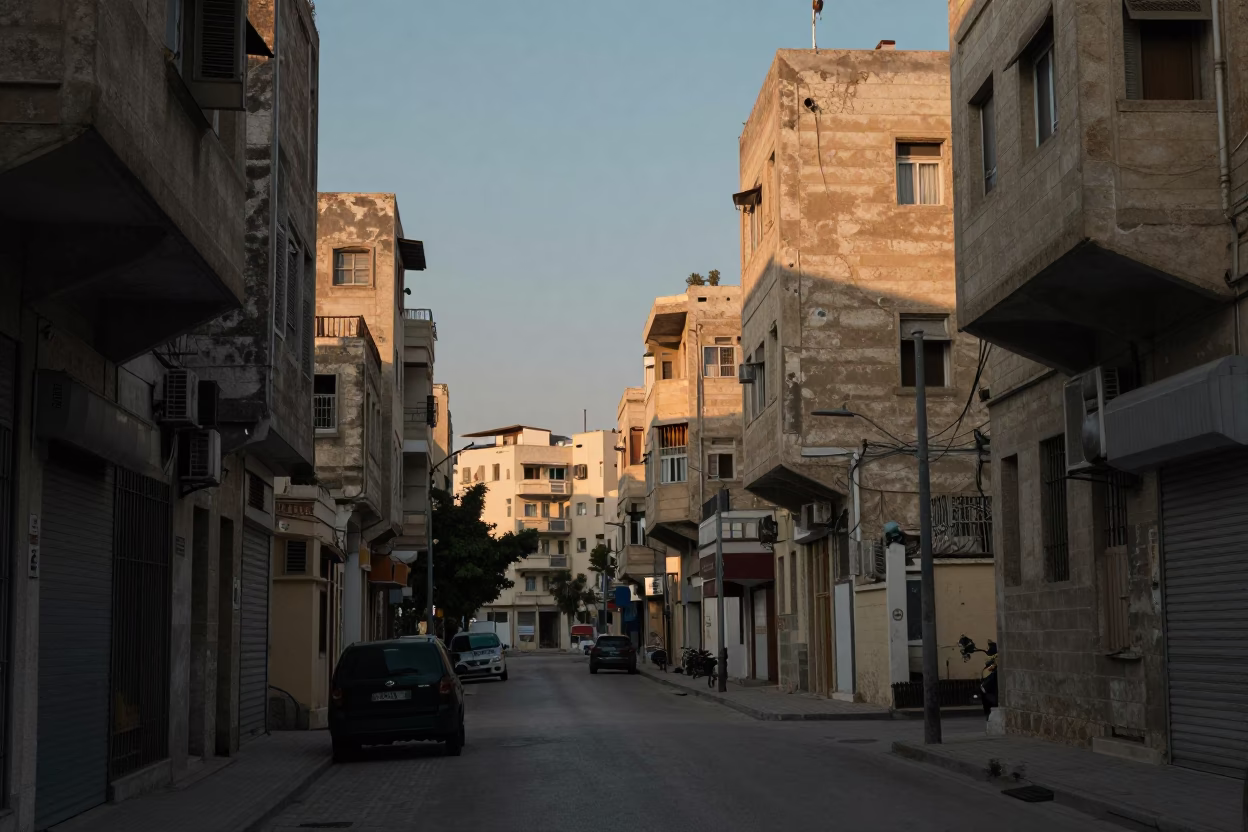 Beirut Lebanon pre-dawn street scene with faded concrete buildings and quiet urban atmosphere in in Beirut, Lebanon