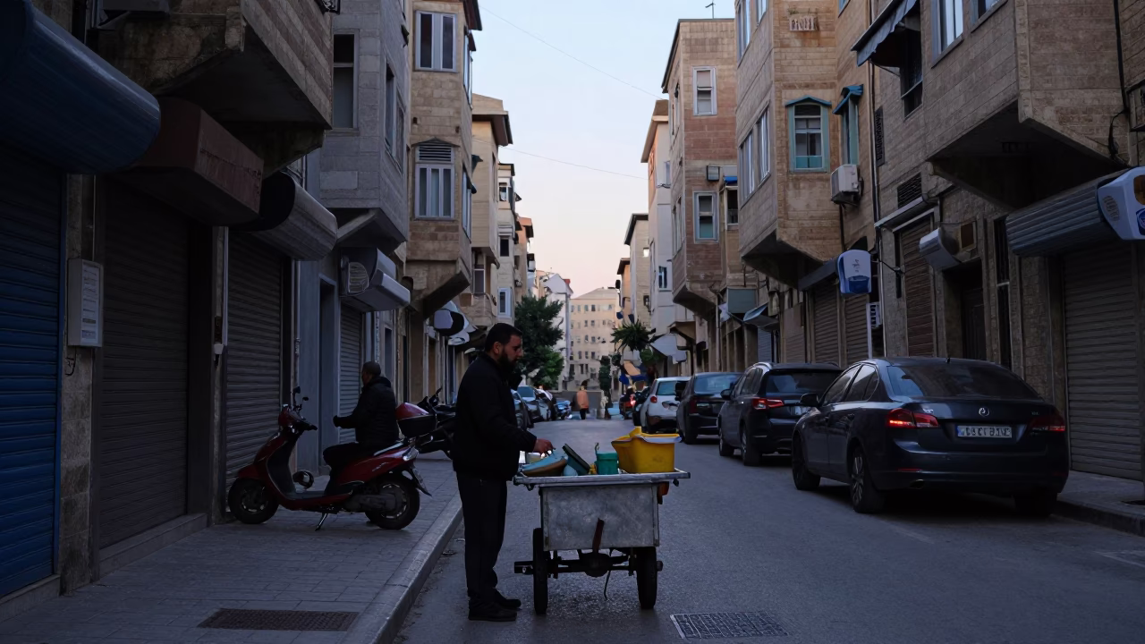 Beirut Lebanon pre-dawn street scene with local vendor and morning light in in Beirut, Lebanon