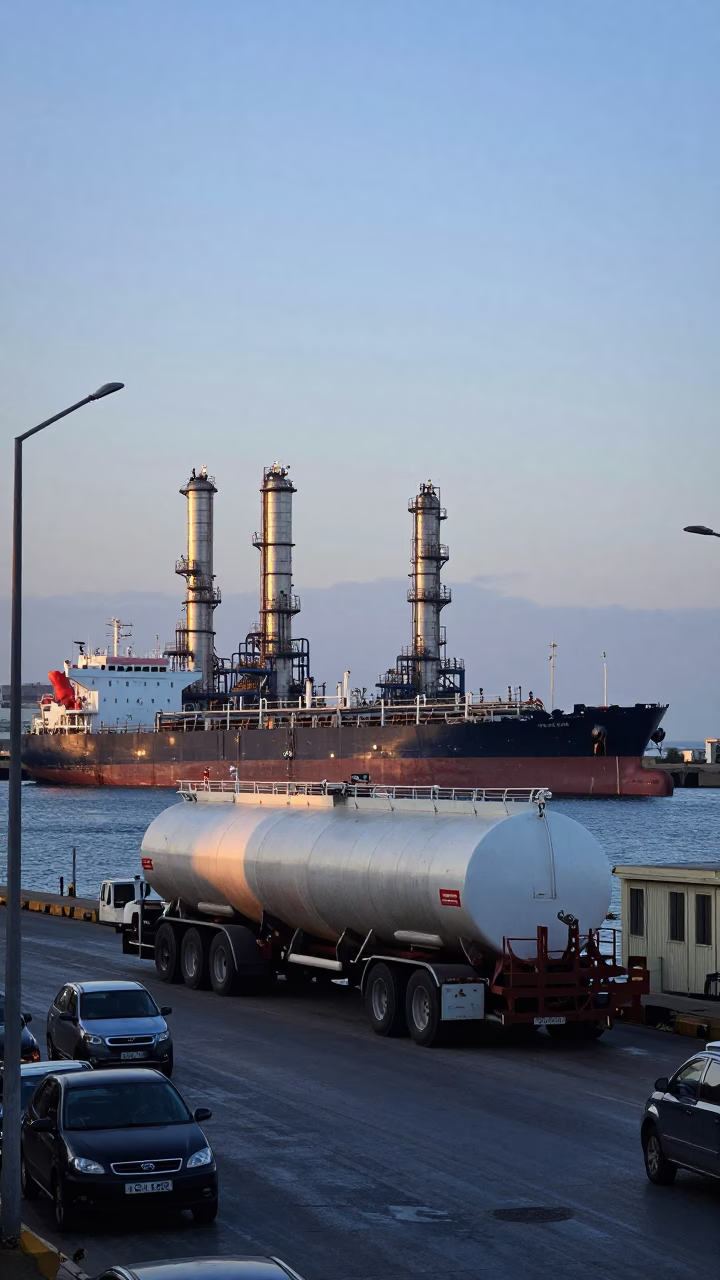 Beirut Lebanon Pre-Dawn Street Scene with Tanker Ship at Refinery Dock in in Beirut, Lebanon