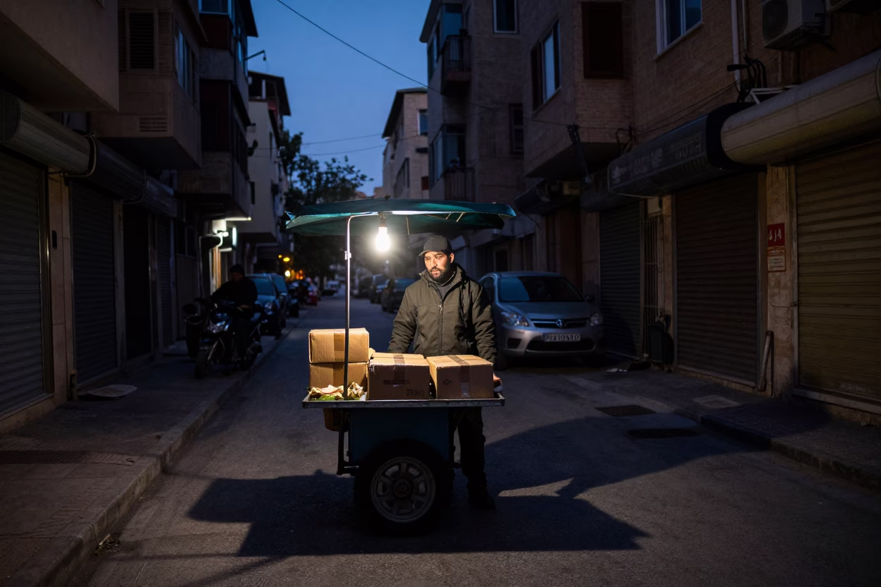Beirut Lebanon Predawn Street Scene with Local Vendor and Urban Details in in Beirut, Lebanon