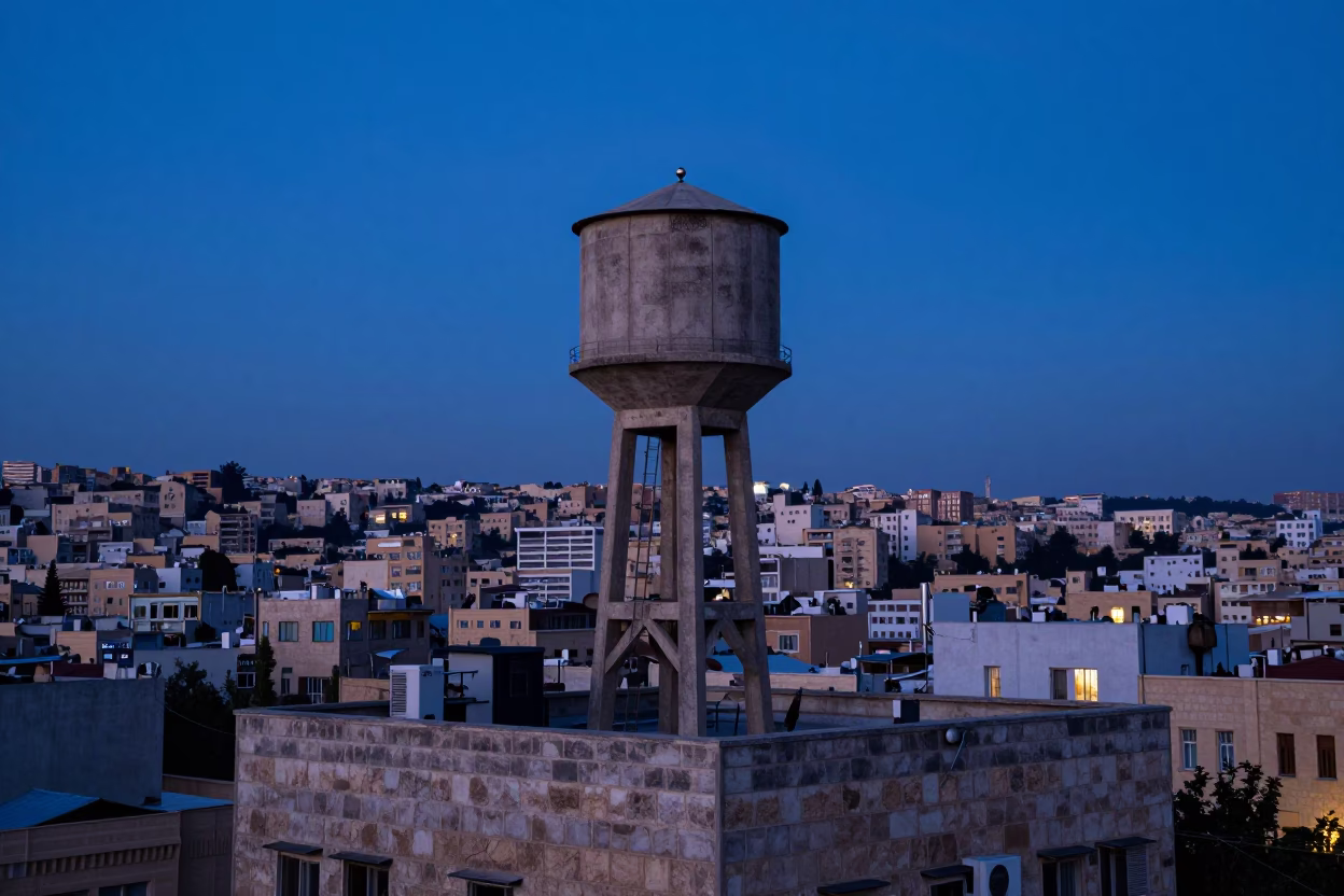 Beirut Lebanon Rooftop Water Tower Against Indigo Twilight Sky with Urban Architecture in in Beirut, Lebanon