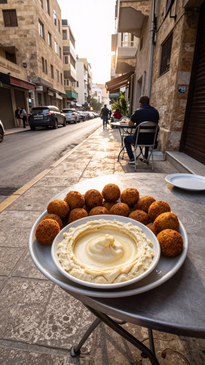 Beirut Lebanon street corner breakfast scene with mezze platter and vintage bicycle at sunrise in in Beirut, Lebanon