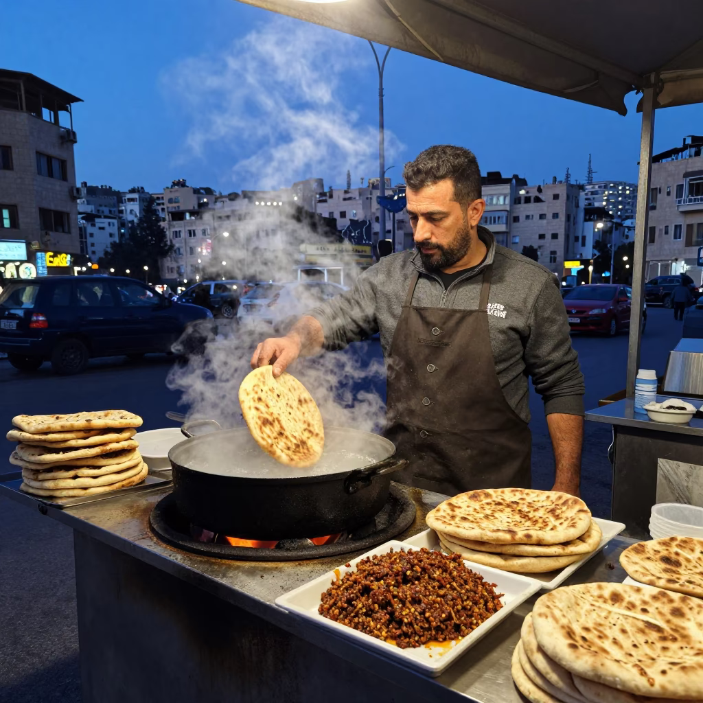 Beirut Lebanon street food vendor serving fresh pita and zaatar at blue hour in in Beirut, Lebanon