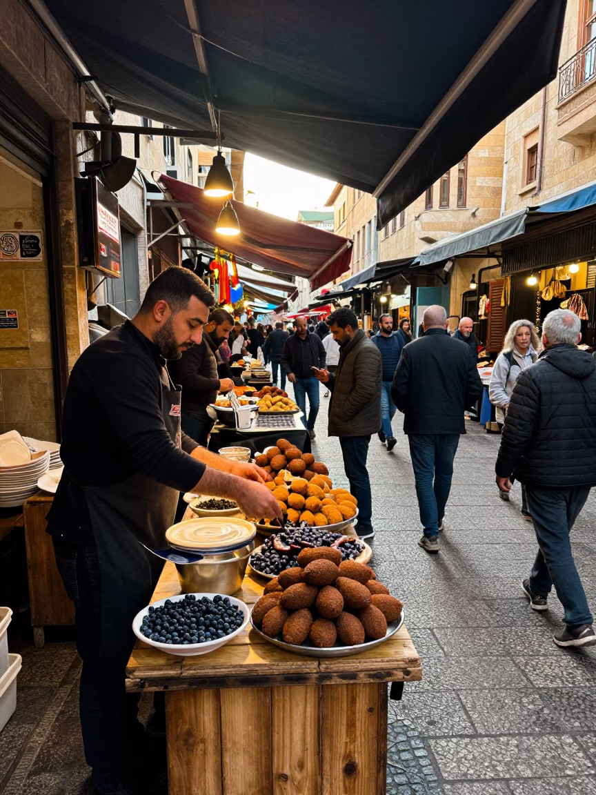 Beirut Lebanon Street Market First Light Kibbeh Plate and Blueberries in in Beirut, Lebanon
