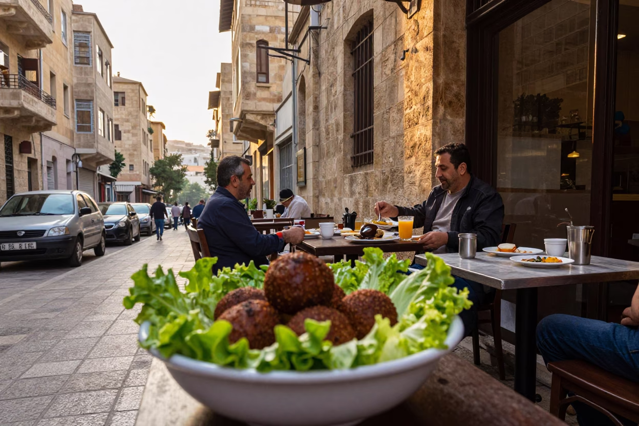 Beirut Lebanon Street Scene After Sunrise with Traditional Breakfast and Historic Architecture in in Beirut, Lebanon