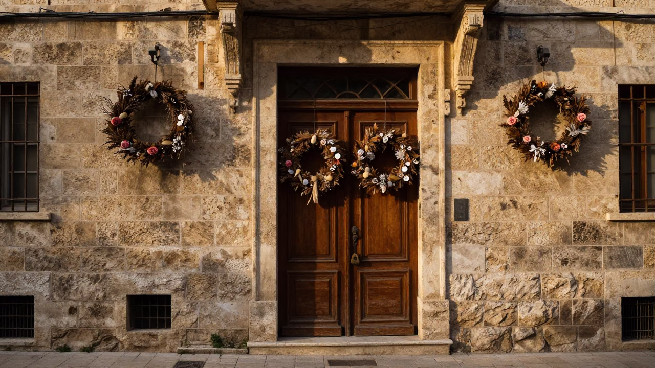 Beirut Lebanon Street Scene at Dawn Featuring Wooden Door Wreaths and Local Daily Life in in Beirut, Lebanon
