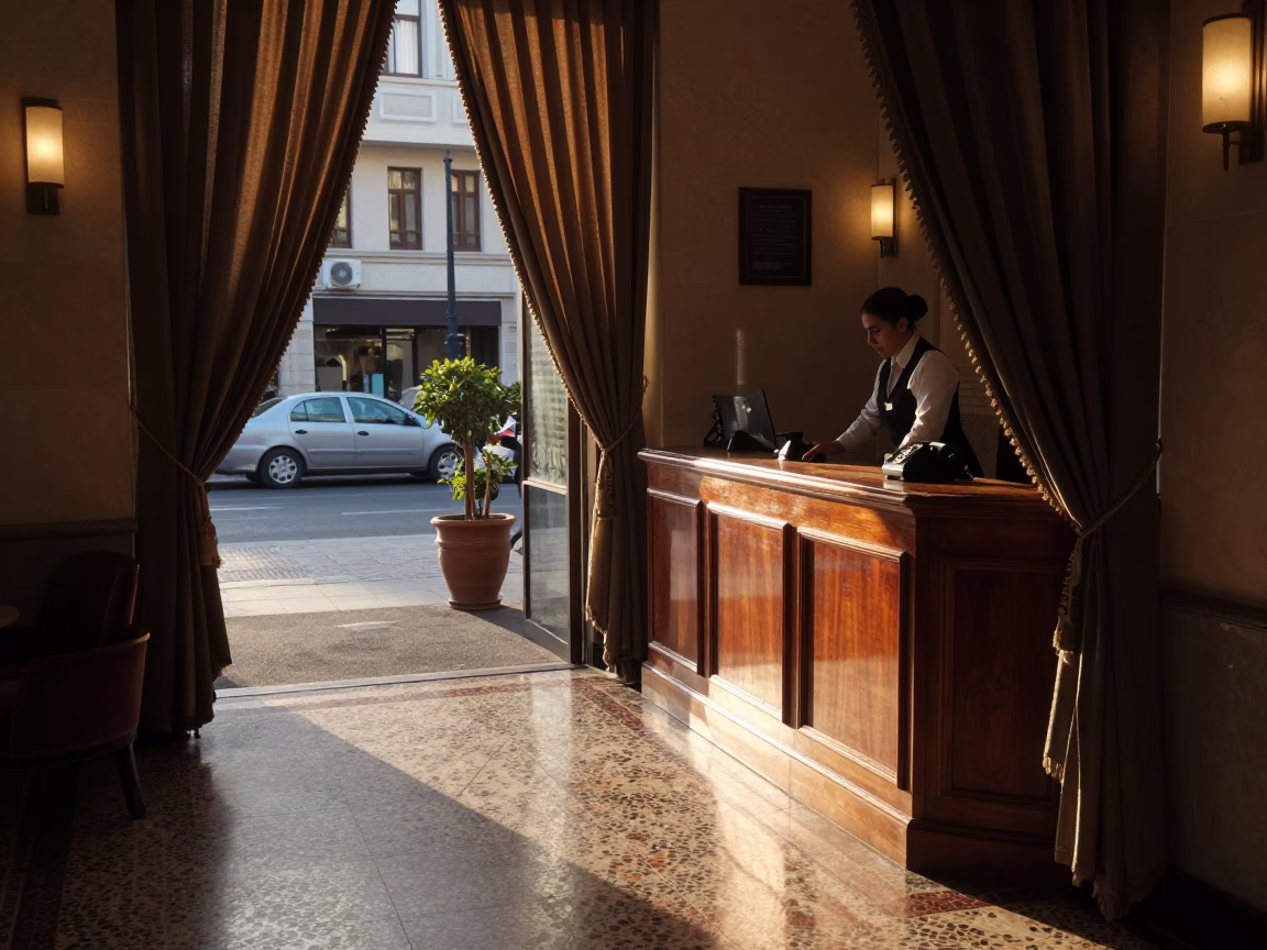 Beirut Lebanon Street Scene at Dawn with Vintage Bakelite Telephone on Hotel Reception Desk in in Beirut, Lebanon