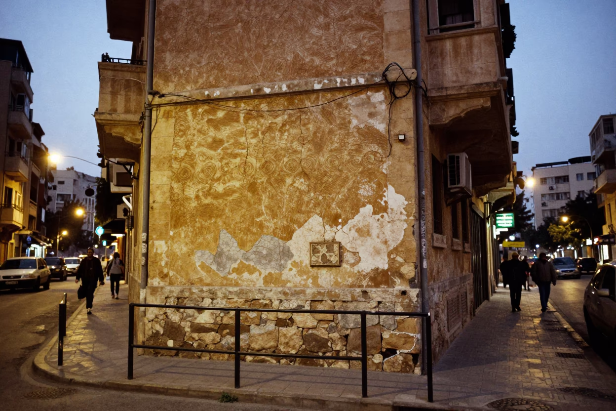 Beirut Lebanon Street Scene at Dusk with Cracked Stucco and Twine in in Beirut, Lebanon