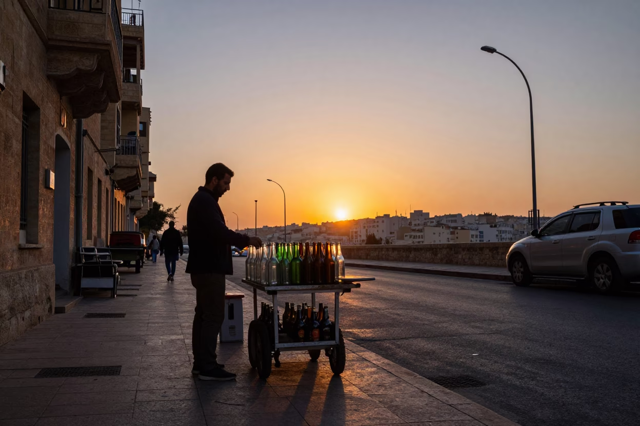 Beirut Lebanon street scene at dusk with glass bottles and local market details in in Beirut, Lebanon