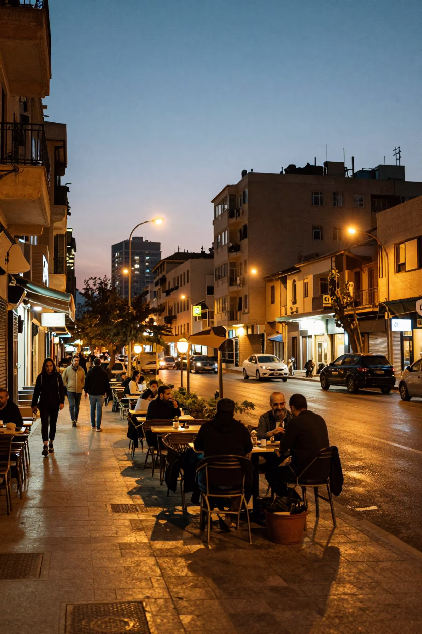 Beirut Lebanon street scene at dusk with glowing lights and traditional cafe culture in in Beirut, Lebanon