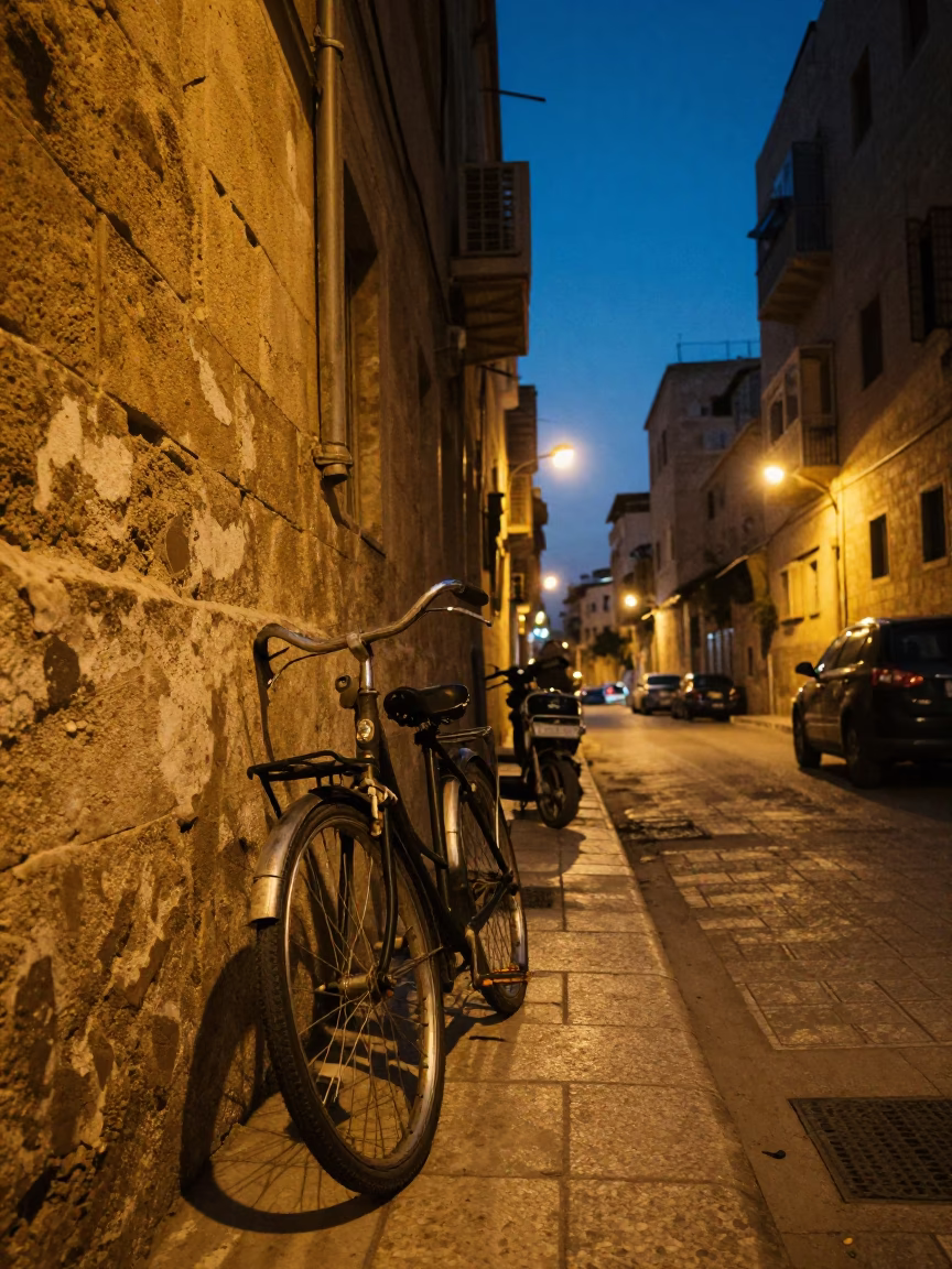 Beirut Lebanon Street Scene at Dusk with Vintage Bicycle and City Lights in in Beirut, Lebanon